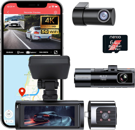 NEXIO M550MAX 4K Triple Channel Dash Cam, Front 4K + Interior 1080P + Rear 1080P, Built-in Wi-Fi 6 & GPS, IR Night Vision, 170° Wide Angle, 24H Parking Monitor, 3.16” IPS Screen, Free 64GB Card