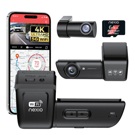 NEXIO N8 4K Dual Dash Cam, Front 4K + Rear 1080P, Built-in GPS & 5.8GHz Wi-Fi, G-Sensor, 24-Hour Parking Monitor, Wide Angle Front & Rear, Supports Up to 256GB
