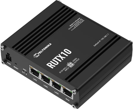 Teltonika RUTX10000300 Model RUTX10 Professional Ethernet Router, UK PSU, Digital Input/Output for Remote Monitoring and Control, Dual Band WiFi and Bluetooth LE, Aluminium Housing, Firewall and VPN