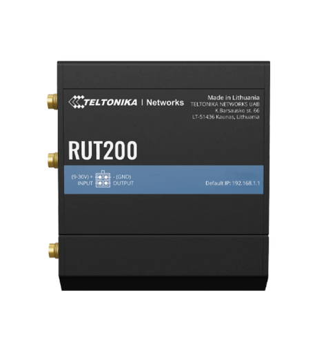 Teltonika RUT200 Industrial Cellular Router, 4G/LTE (Cat 4), 3G, 2G / 802.11n Wi-Fi Connectivity, up to 150 Mbps Speed 2 x Ethernet Ports, I/O Digital Input/Output, RMS Compatible, Black | RUT200